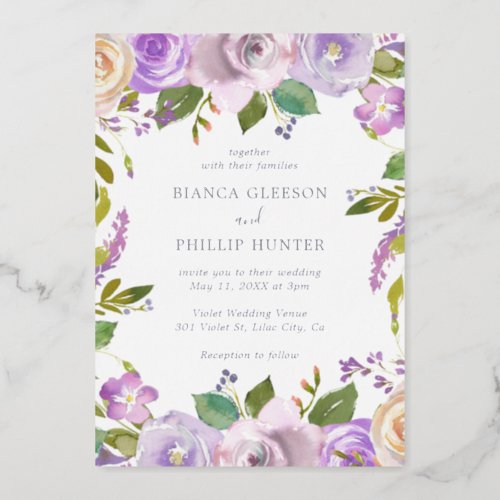 Elegant Watercolor Purple Floral Wedding Silver Foil Invitation