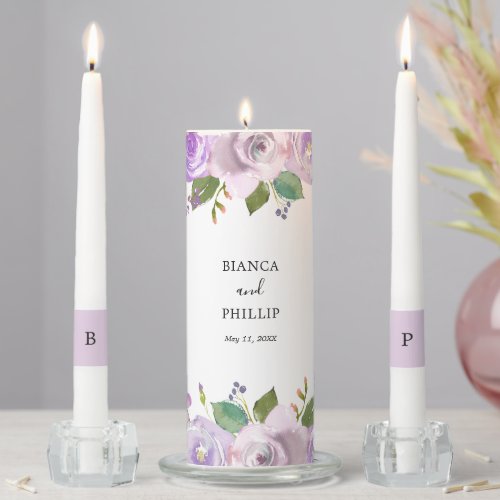 Elegant Watercolor Purple Floral Wedding Unity Candle Set
