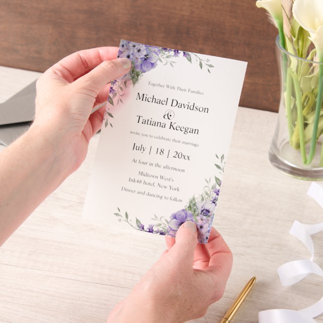 elegant watercolor purple floral wedding  vellum invitations (Handheld)