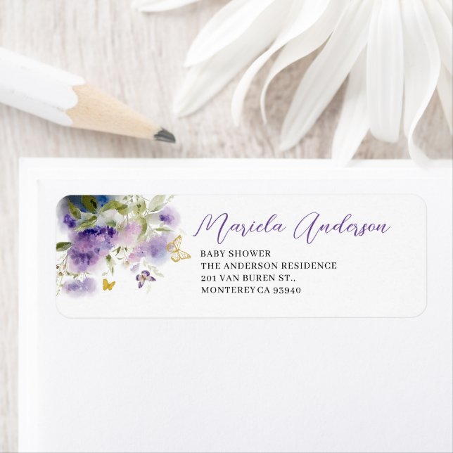 Elegant Watercolor Purple Flower butterfly kisses  Label (Insitu)