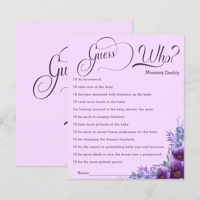 Elegant Watercolor Purple Flower Guess Who Game (Front/Back)