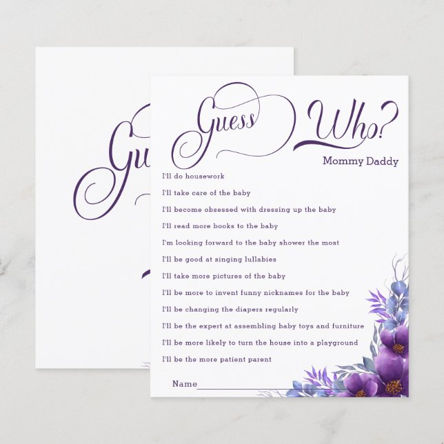 Elegant Watercolor Purple Flower Guess Who Game (Front/Back)