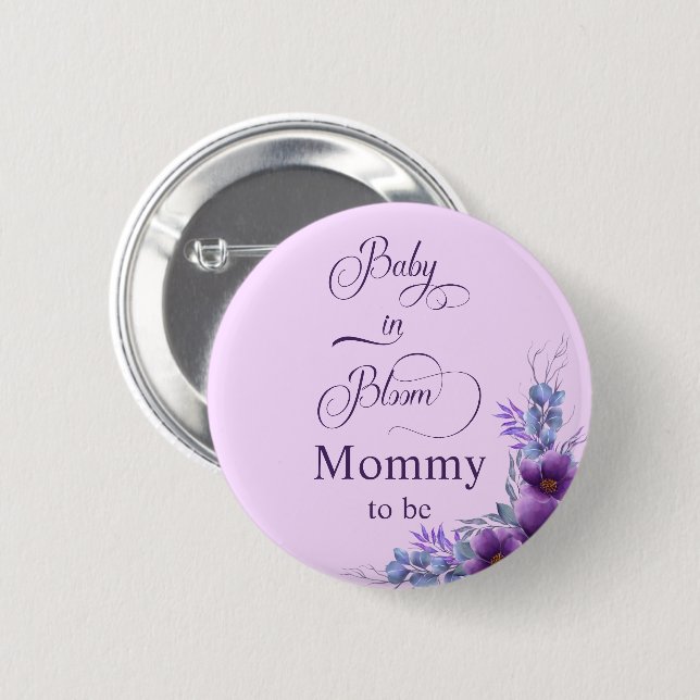 Elegant Watercolor Purple Flower Mommy-to-be Button (Front & Back)