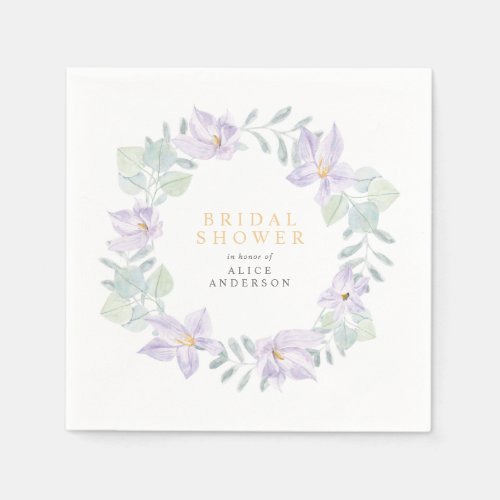 Elegant Watercolor Purple Flowers Bridal Shower Napkins