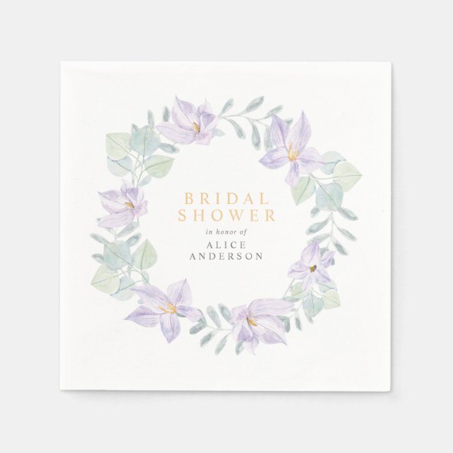 Elegant Watercolor Purple Flowers Bridal Shower Napkins (Front)