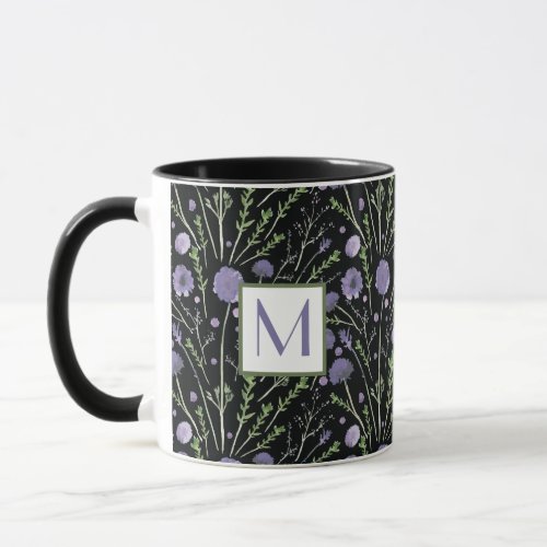 Elegant Watercolor Purple Flowers Monogram Mug