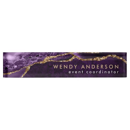 Elegant Watercolor Purple Gold Glitter Agate Desk Name Plate