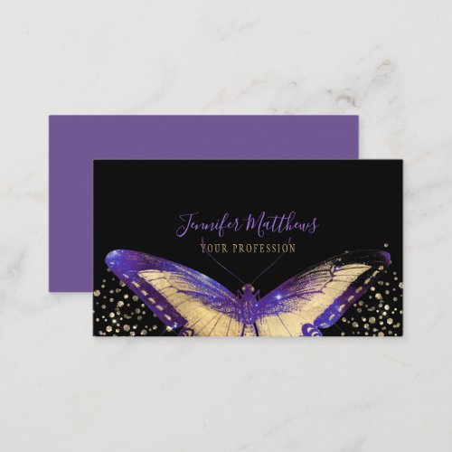 Elegant Watercolor Purple  Gold Glitter Butterfly Business Card