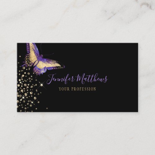 Elegant Watercolor Purple  Gold Glitter Butterfly Business Card