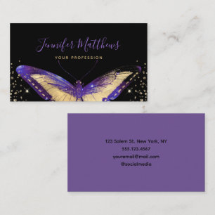 Elegant Watercolor Purple & Gold Glitter Butterfly Business Card