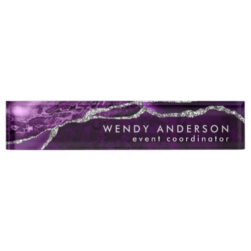 Elegant Watercolor Purple Silver Glitter Agate Desk Name Plate