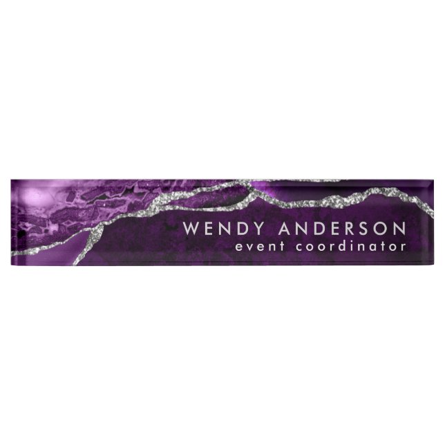 Elegant Watercolor Purple Silver Glitter Agate Desk Name Plate (Front)