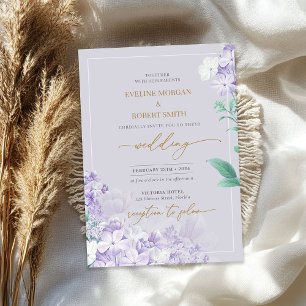 Elegant watercolor purple spring lilac flower gold invitation