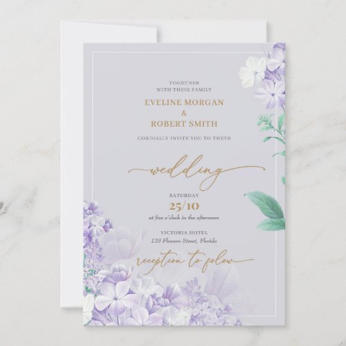 Elegant watercolor purple spring lilac flower gold invitation