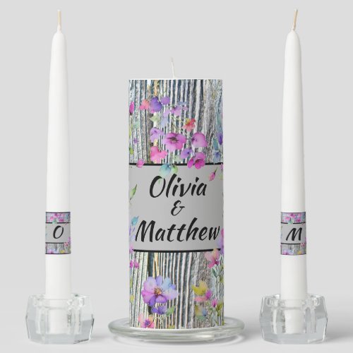 Elegant watercolor purple wildflowers barnwood unity candle set