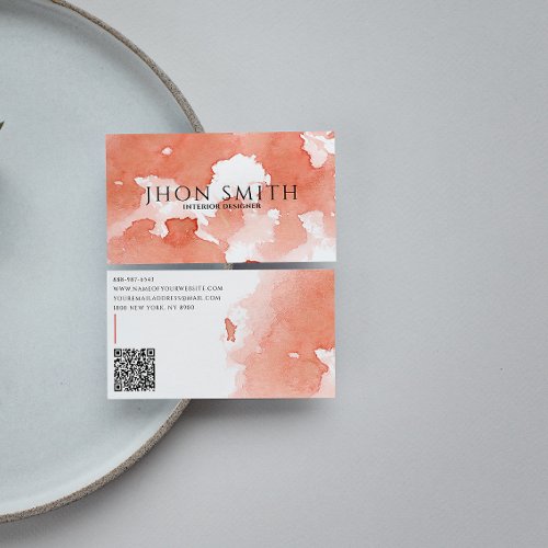 Elegant Watercolor QR Code Terracotta Abstract     Business Card