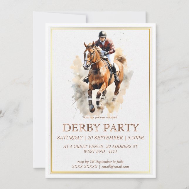 Elegant Watercolor Racehors Derby Party Equestrian Invitation (Front)