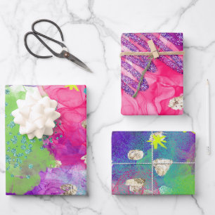 Elegant Watercolor Rainbow Neon Iridescent Pattern Wrapping Paper Sheets