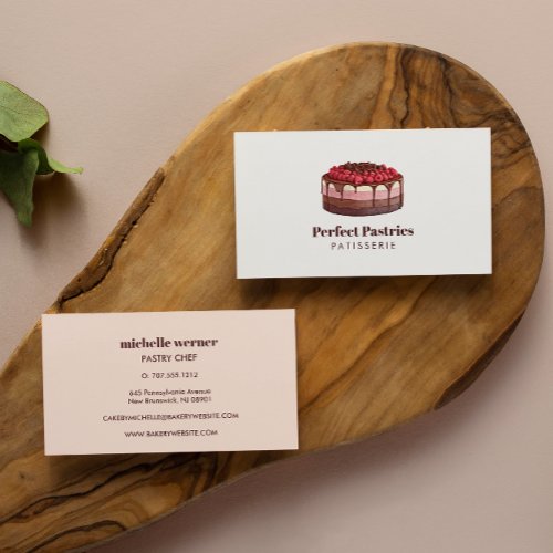 Elegant watercolor raspberry cake patisserie business card