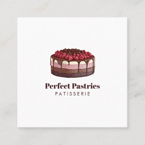 Elegant watercolor raspberry cake patisserie square business card
