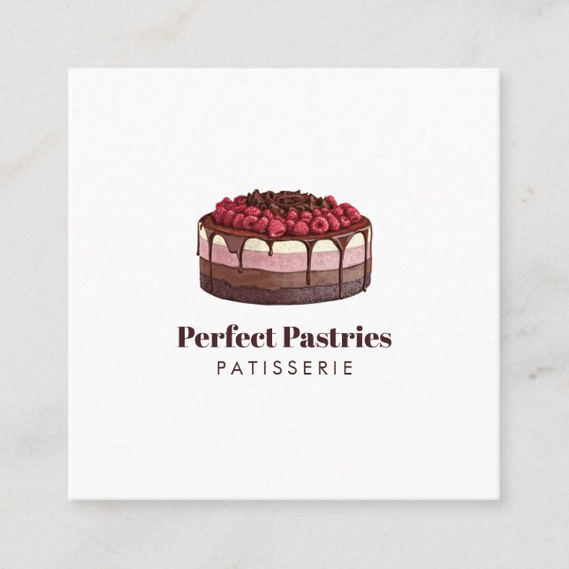 Elegant watercolor raspberry cake patisserie square business card (Front)