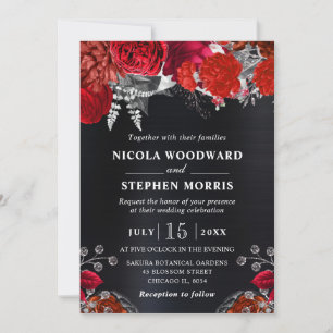 Elegant Watercolor Red and Silver Flowers Wedding Invitation