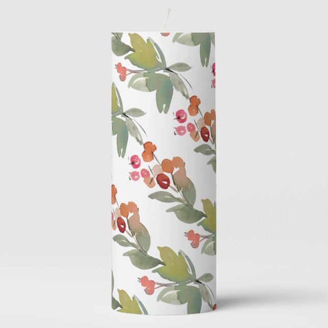 Elegant Watercolor Red Berry Christmas Floral Pillar Candle (Front)