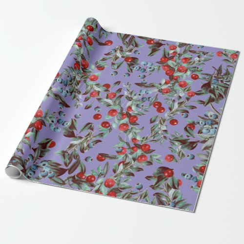 Elegant Watercolor Red Blue Berries Periwinkle Wrapping Paper