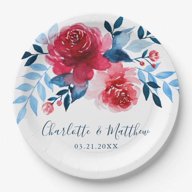 Elegant Watercolor Red Blue Floral Wedding Paper Plates (Front)