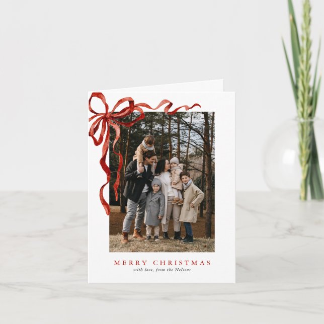 Elegant Watercolor Red Bow Christmas 3 Photo Holiday Card (Front)