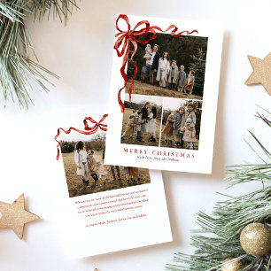 Elegant Watercolor Red Bow Christmas Four Photo Holiday Card