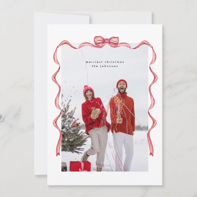 Elegant watercolor red bow Christmas Photo Holiday (Front)