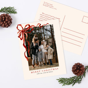 Elegant Watercolor Red Bow Christmas Photo Holiday Postcard