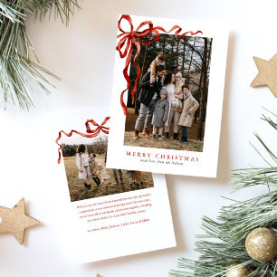 Elegant Watercolor Red Bow Christmas Two Photo Holiday Card