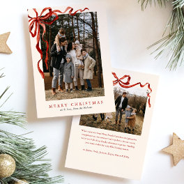 Elegant Watercolor Red Bow Christmas Two Photo Holiday Card