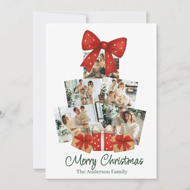 Elegant Watercolor Red Bow Family Christmas Tree Holiday Card (Front)