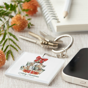 Elegant Watercolor Red Bow Family Christmas Tree Keychain
