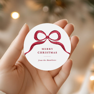 Elegant Watercolor Red Bow Merry Christmas Classic Round Sticker