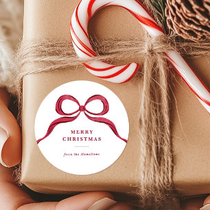 Elegant Watercolor Red Bow Merry Christmas Classic Round Sticker
