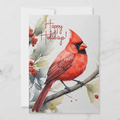Elegant Watercolor Red Cardinal Holly Christmas Holiday Card