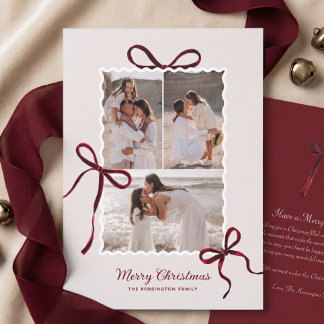 Elegant Watercolor Red Christmas Bow Photo Collage Holiday Card