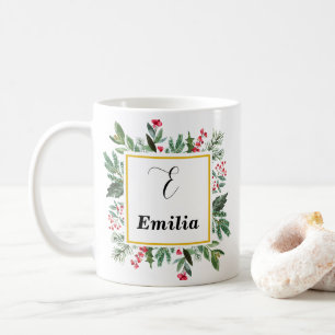 Elegant Watercolor Red Christmas Greenery Monogram Coffee Mug
