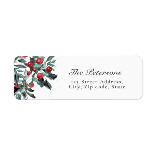 Elegant Watercolor Red Christmas Holly Berries  Label