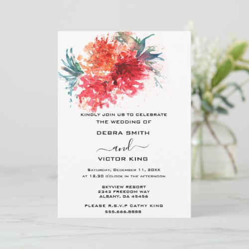 Elegant Watercolor Red Floral Bouquet Wedding Invitation