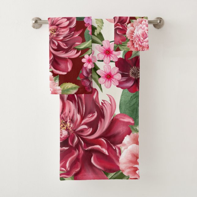 Elegant Watercolor red flowers and greenery Bath Towel Set (Insitu)