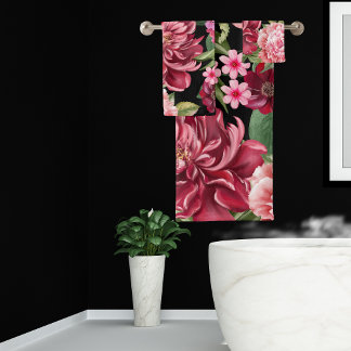 Elegant Watercolor red flowers and greenery black Bath Towel Set