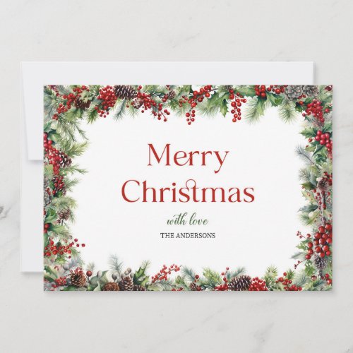 Elegant watercolor red holly berries and greenery holiday card