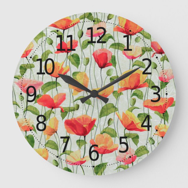Elegant Watercolor Red Pink and Yellow Flowers | Large Clock (Front)