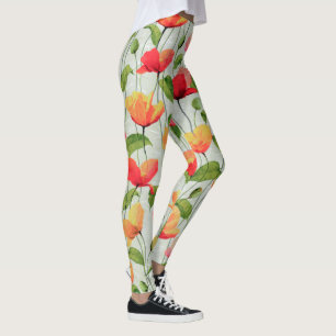 Elegant Watercolor Red Pink and Yellow Flowers Leggings