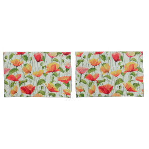 Elegant Watercolor Red Pink and Yellow Flowers Pillow Case